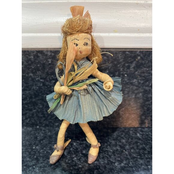 Vintage Handmade Corn Husk Doll 2 Layer Blue Beige Skirt Holding Flower Bouquet - Picture 1 of 9